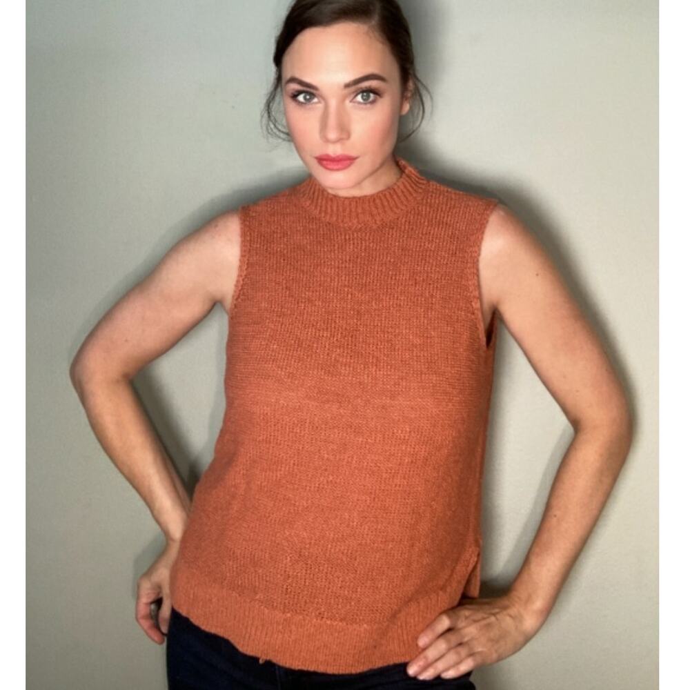 Lou & Grey Coral Linen Cotton Mock Turtleneck Sleeveless Knit Sweater Sz M